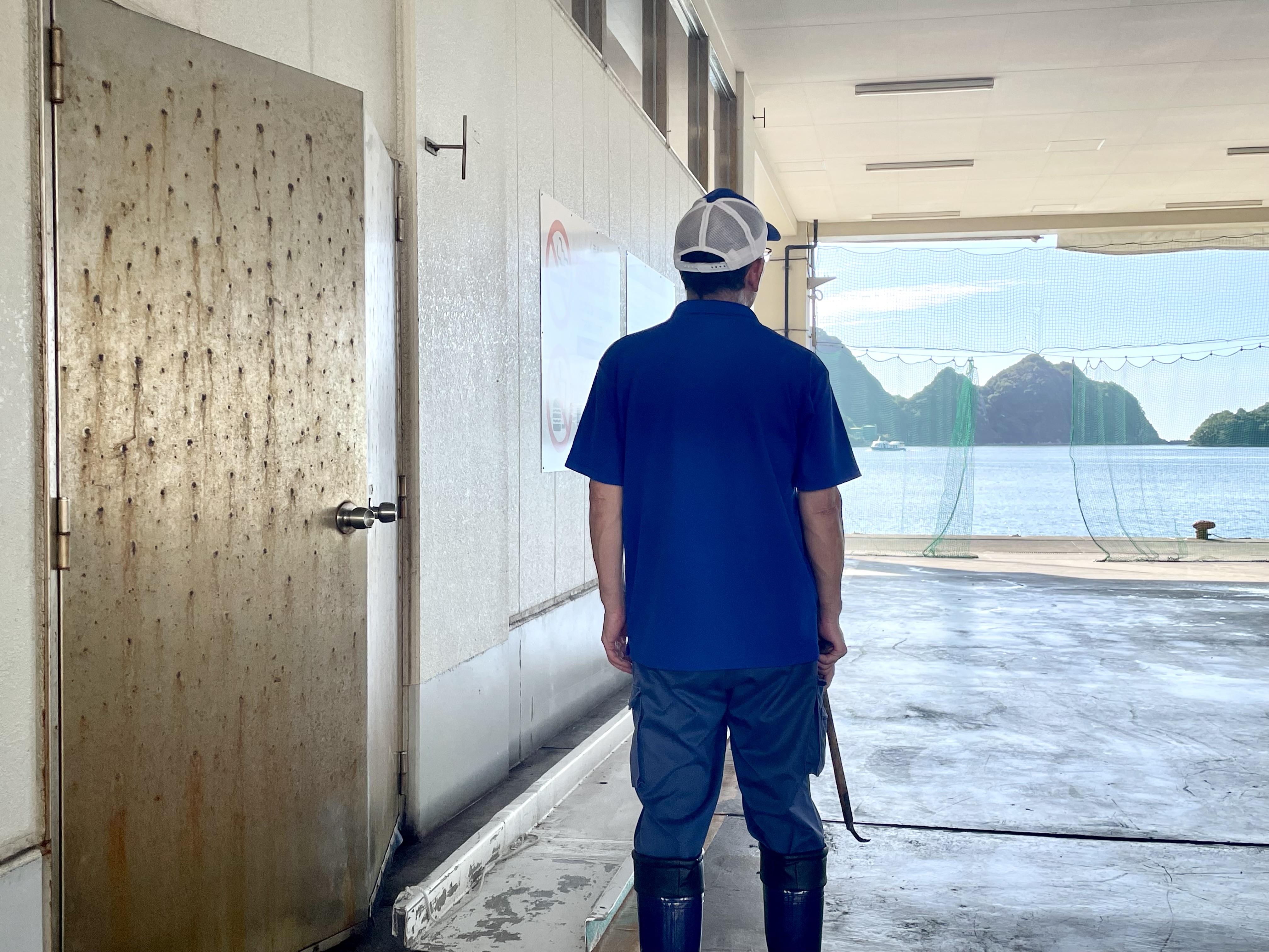 Market staff in blue and white uniforms working diligently